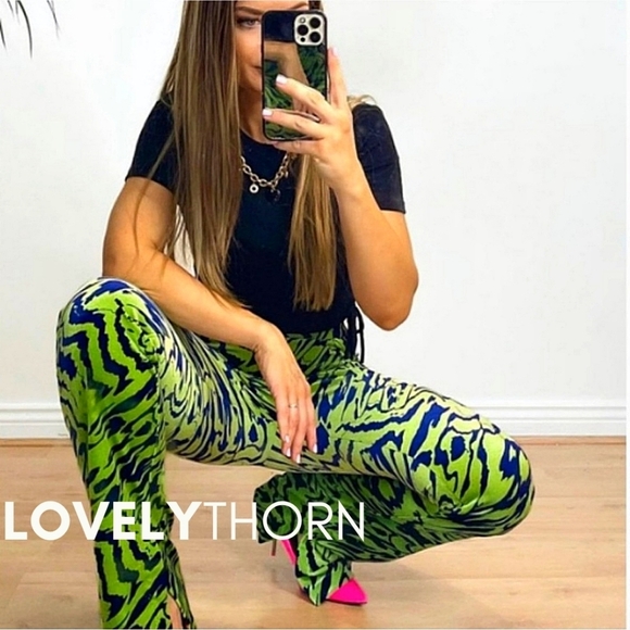 ZARA // retro-chic green blue velvet high waist straight slight flare pants - Picture 4 of 16